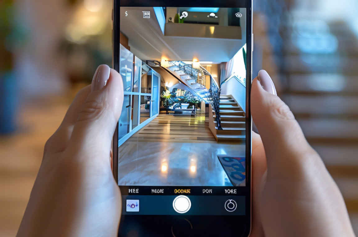 Uma pessoa segura um smartphone que capta a imagem de um interior moderno e bem iluminado, com escadas elegantes e decoração sofisticada. A imagem real e a do ecrã coincidem, simbolizando transparência e autenticidade. Esta representação visual destaca o papel do marketing baseado na comunidade como pilar da confiança entre marcas e clientes.