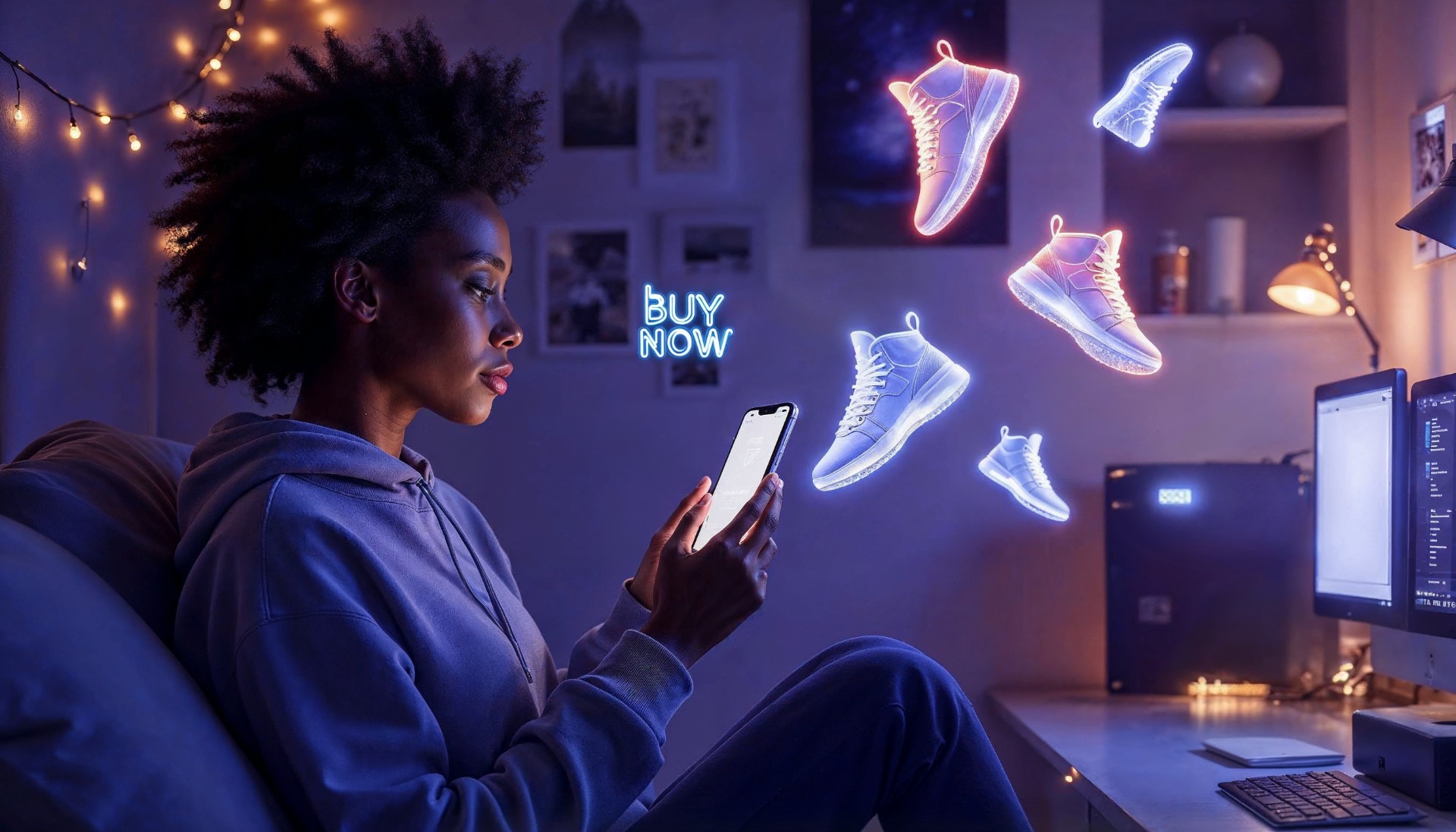 Uma jovem sentada num quarto com luz ambiente suave observa o ecrã do seu smartphone, onde são projetadas imagens holográficas de ténis desportivos acompanhadas da mensagem “BUY NOW”. A cena ilustra o impacto do conteúdo gerado pelo utilizador no marketing baseado na comunidade, evidenciando como a participação ativa dos consumidores fortalece a credibilidade e a confiança nas marcas.