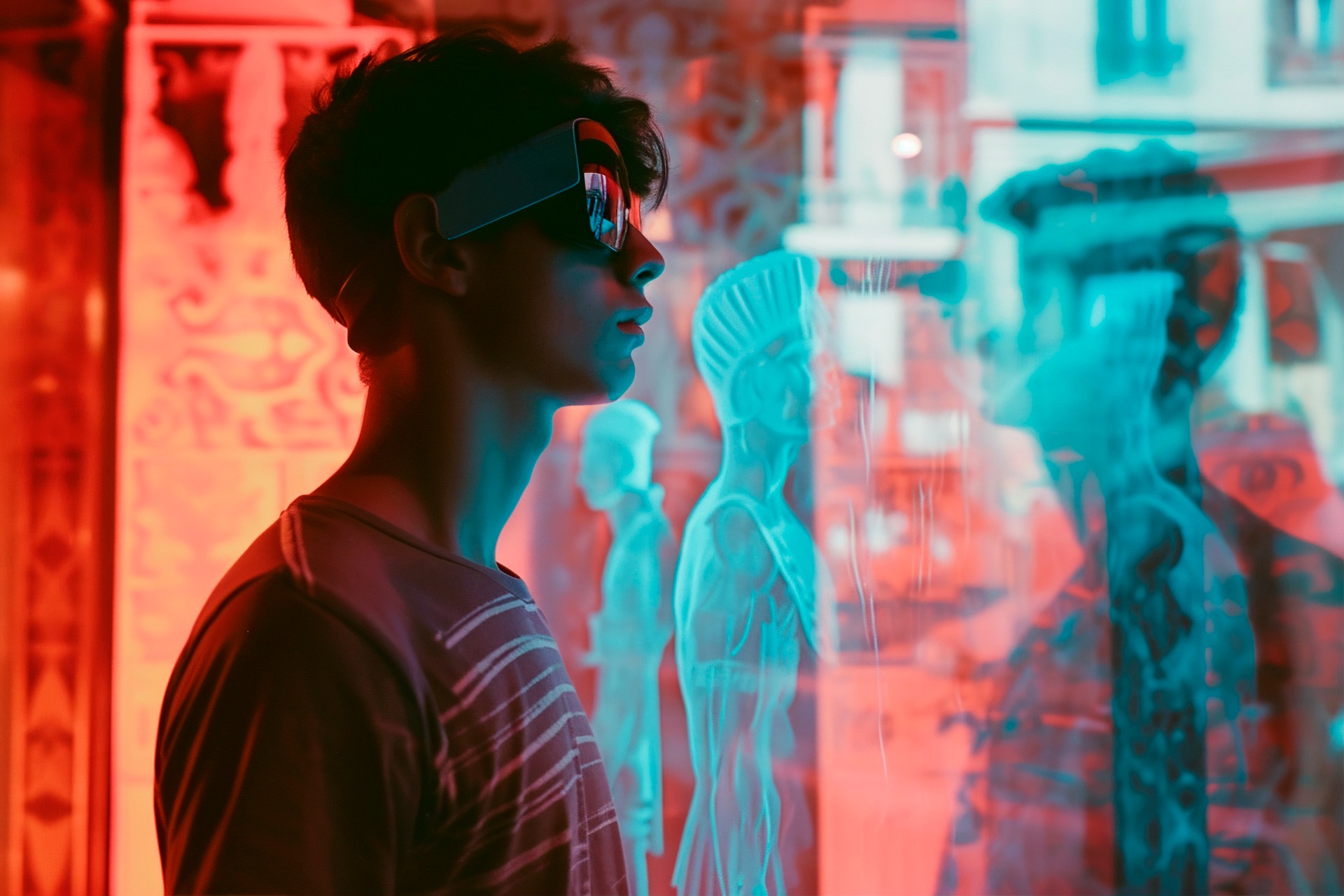 Um jovem observa atentamente uma instalação digital iluminada por luzes vermelhas e azuis, refletindo figuras humanas estilizadas. Usa óculos modernos, sugerindo tecnologia imersiva ou realidade aumentada, simbolizando a ligação entre identidade, autenticidade e influência digital. A imagem representa o impacto dos microinfluenciadores e o marketing baseado na comunidade, onde conexões reais e parcerias genuínas ganham destaque no cenário do marketing digital.