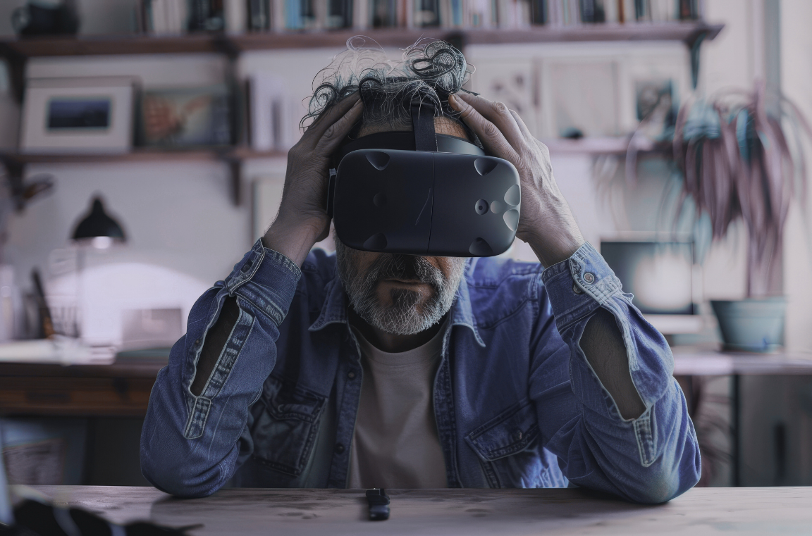 Homem com óculos de realidade virtual explora experiências interactivas para fortalecer a ligação à marca.